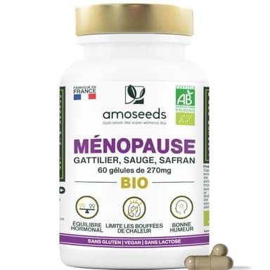 Ménopause BIO | Sans Hormones, 100% Naturel | Bouffées de Chaleur, Irritabilité, Stress | Gattilier, Sauge, Safran | 60 gélules | Qualité Supérieure
