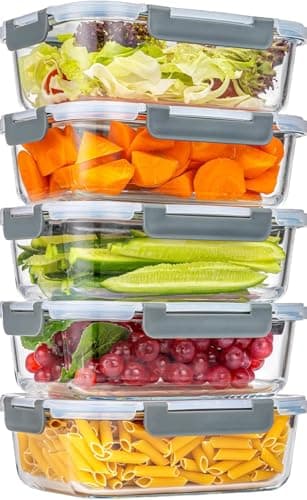 KUMD Lot de 10 Pièces (Pack de 5) 1040ml (36oz) Boîtes de Conservation Repas en Verre Borosilicate avec Fermeture Amovible - Rectangulaire, Compatible Micro-ondes, Sans BPA