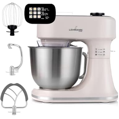 LEHMANN Robot Pâtissier avec Écran, 1500W, Bol Mélangeur 5L avec Fonction Fermentation et Chauffage, Balance Intégrée, 12 Vitesses, Minuterie, 3 Mélangeurs - Fouet, Batteur, Crochet, Beige