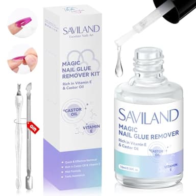 Saviland Kit de Dissolvant pour Colle à Ongles: Dissolvant de Colle à Ongles Huile de Ricin, Vitamine E, avec Pousse-Cuticules et Fourchette à Ongles pour Colle sur les Ongles, Pousser Faux Ongle