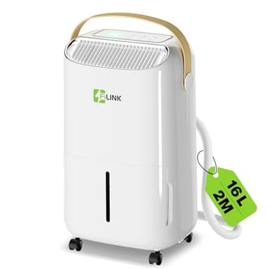 Deshumidificateur d Air 16L/Jour, Déshumidificateur Electrique, Minuterie 24H, Verrouillage pour Enfants, Protection Anti Débordement, 110m³ (45m²), pour Maison, Appartement, Salle de Bain, Cave