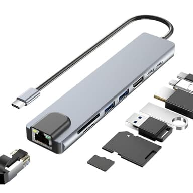 Hub USB C 8-en-1, Adaptateur USB C vers HDMI 4K, RJ45 Ethernet, PD 100W, Lecteur SD/TF, USB 3.0/2.0, Type C, Multiport Type c pour MacBook Air Pro, iPad, iPhone 15 16, PC Windows