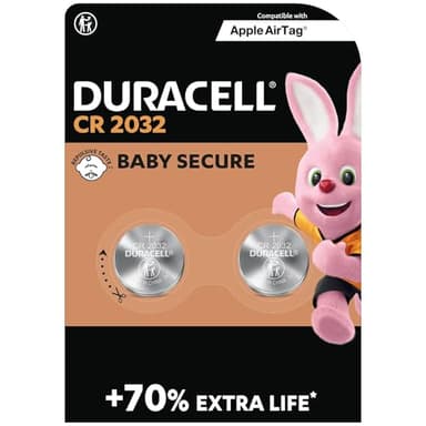 DURACELL CR2032 Piles Boutons au lithium 3V (lot de 2) - Jusqu’à +70 % de longévité - Technologie Sécurité Enfant - Recommandées pour l’AirTag d’Apple - Emballage Sécurité Enfant