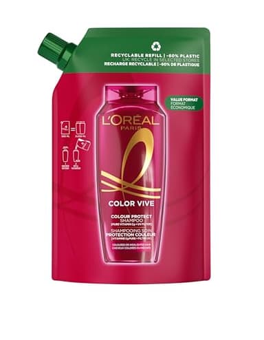 L’ORÉAL PARIS - Éco-Recharge Shampooing Soin Protection pour Cheveux Colorés ou Méchés - Enrichi en Pivoine et Filtre UV - Protection Couleur Jusqu'à 10 Semaines - Elseve Color-Vive - 500 ml