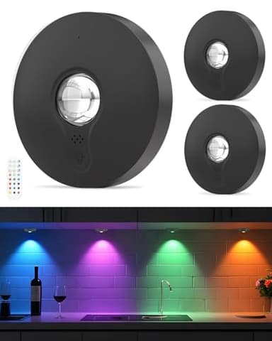 WUYOR Lampes LED RGB Rechargeables avec Télécommande, Lampe de Cuisine Sous Placard avec Batterie 1500mAh, Intensité Réglable et Minuterie, Éclairage Sans Fil à Coller pour Placard, Noir, Lot de 3