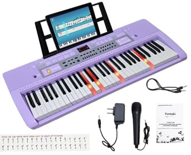 Funtaki Clavier de piano électrique à 61 touches avec touches éclairées, synthétiseur numérique portable avec support, mini clavier musical pour débutants, enfants et adultes Violet