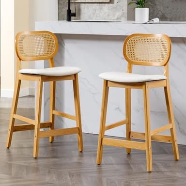 chairus Rotin Tabourets de Bar Lot de 2 en Cuir PU Chaises Bar Cuisine Chaise Haute pour Bar Bistro avec Structure en Bois Massif (Blanc-2)