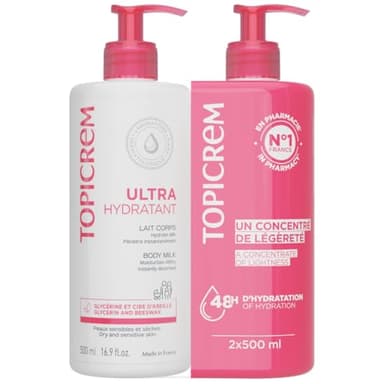 Topicrem - Ultra Hydratant Lait Corps - Hydrate 48h, Relipide, Protège la Peau - Texture Onctueuse, Odeur Délicate - Crème Hydratante pour Peaux Sensibles - Fabrication Française - 2x500 ml