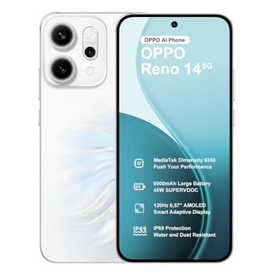 OPPO Reno14 5G 12+256Go IA Smartphone Android Débloqué, Dimensity 8350 Téléphone, Caméra AI 50+8+50MP, Batterie 6000mAh, SUPERVOOC 80W, Écran 120Hz 6,59" AMOLED, IP69, Vidéo 4K, NFC, Dual SIM, Blanc