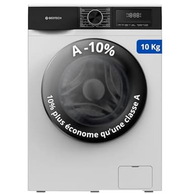 Lave-linge frontal GEDTECH GLL101400WH - 10 Kgs - 1400 tr/mn - 16 programmes - Eco - Intensif - Rapide – Très Faible conso - Classe A-10% (Blanc, 10 Kg)