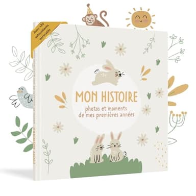 HuBorns - Livre de Naissance pour Coller des Photos et Écrire avec plus de 50 Pages et Autocollants, Album Photo Bebe de Première Année jusqu'à ses 5, Idéal comme Cadeau Naissance (Lapins, Français)