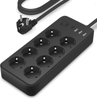 Multiprise 8 Prises avec 1 Port USB-C,3 Port USB-A (5V 2A/12W) Parasurtenseur Parafoudre et Surtension avec Interrupteur Cordon 1.8M, pour Smartphone, Maison, Bureau-Noir