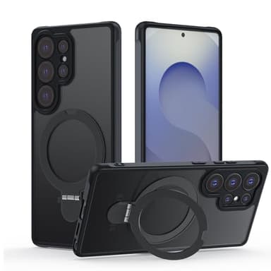 Coque pour Samsung Galaxy S24 Ultra avec Support, MagSafe Compatible Étui Rotatable Kickstand, Anti-Rayures PC Dur Housse Arrière Mat Translucide Protection Case avec Anneau Ajustable Rolatif, Noir