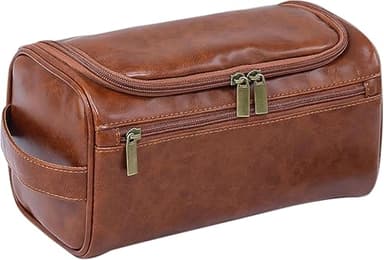 Trousse de toilette en cuir synthétique pour homme, marron foncé pour voyage, salle de sport et rasage, séparation sèche et humide avec 3 compartiments