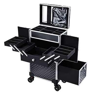 Valise Maquillage Professionnelle Malette Maquillage Multifonctionnelle Grande Valise Onglerie Grande Malette de Coiffure Trolley de Esthetique Roulette, Noir