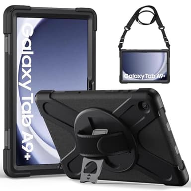Gerutek Coque Antichoc pour Samsung Galaxy Tab A9 Plus 11" 2023 (SM-X210/X216/X218), Étui Armure Robuste avec Support Rotatif, Dragonne et Bandoulière Réglable, Housse pour Samsung Tab A9+ Plus, Noir