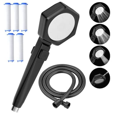 Pommeau de douche avec tuyau de 2 m et 6 filtres, 4 types de jets, bouton d'arrêt à une main, en ABS, économe en eau, avec filtre contre le chlore et le calcaire, pommeau de douche économique, pour la