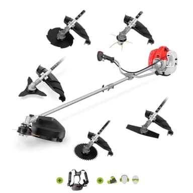 GREENCUT GGT650X-6 - Débroussailleuse à Essence 65cc 4,9hp, Moteur 2 Temps, avec 6 Accessoires interchangeables, Harnais et Barre de fractionnement, débroussailleuse 6 en 1