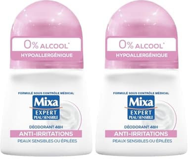 Mixa - Déodorant Bille - 48h Anti-Irritations - 0% alcool* - Hypoallergénique - Pour Apaiser Instantanément les Aisselles Sensibles ou Épilées et les Protéger Durablement (Lot de 2)