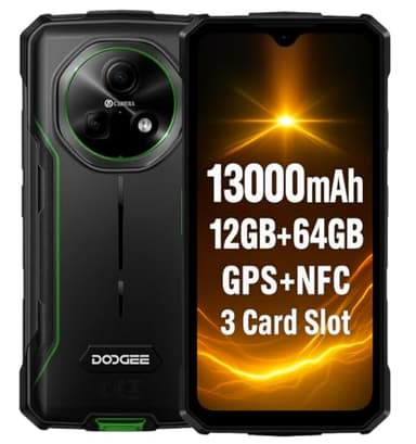 DOOGEE Fire 5 Telephone Incassable, 13000mAh, 12 Go+64 Go, 6.6" HD+ 90Hz, 13MP AI Camera, IP68/IP69K, Android 15, Octa-Core, Double SIM, NFC, Rugged Smartphone Etanche, pour Chantier