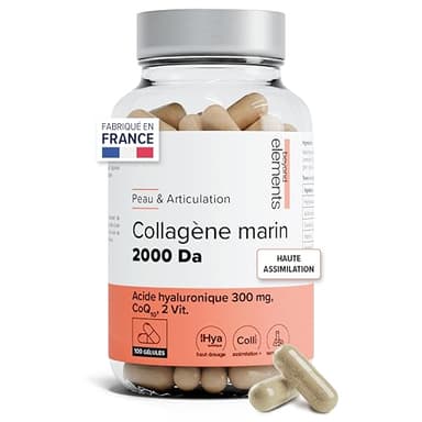 Collagene Marin + Acide Hyaluronique 300mg - Peau & Articulation - Types I & III - Avec Vitamine C, Coenzyme Q10, Vitamine B3 - Gélules x100 - Beyond Elements