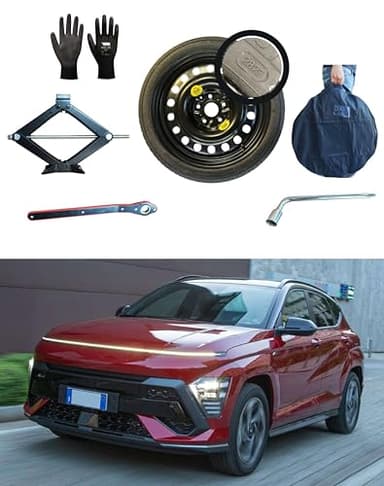 Kit Roue de secours "Galette" compatible avec Hyundai Kona Hybrid 2023> avec Cric, Clé, Gants et Sac 145/90R16