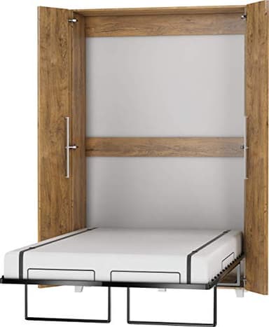 FurnitureByJDM Lit Escamotable 2 Personne - Lit Double Armoire Pliable - 120x200 cm - Pliant,Rabattable,Mural - Murphy Bed Vertical- Teddy (Chêne Bordeaux)