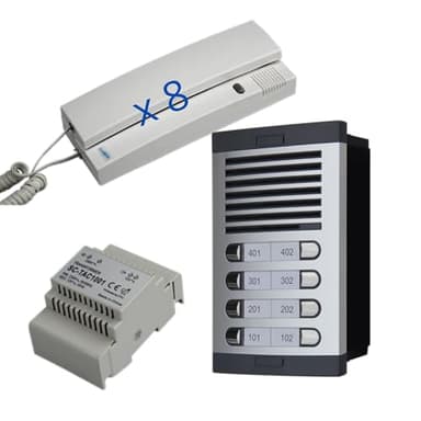 Kit interphone audio analogique 4+n pour immeuble – Complet avec plaque de rue, combinés, boîte d’encastrement et alimentation – Haute qualité