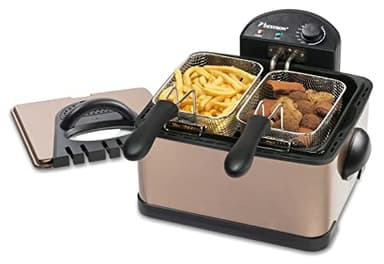Bestron Friteuse à Huile XL avec 3 paniers à friteuse avec Technologie de Zone Froide et réservoir d'huile Amovible 4 litres Passe au Lave-Vaisselle 2000 W Acier Inoxydable Cuivre DF402CO