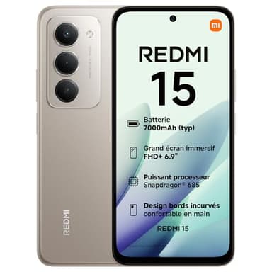 XIAOMI Redmi 15, Smartphone 8+256 Go, Écran FHD+ 144 Hz 6,9 Pouces, Snapdragon 685, Double caméra 50 MP avec IA, Batterie 7000 mAh, Gris, Chargeur Non Inclus