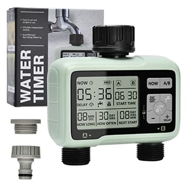 Johgee Minuterie Arrosage Automatique pour Jardin 2 Voies, Minuterie Irrigation 2 Sorties, Programmateur d'Arrosage Extérieur avec sécurité Enfant, Mode Automatique et Manuel, retardateur de Pluie