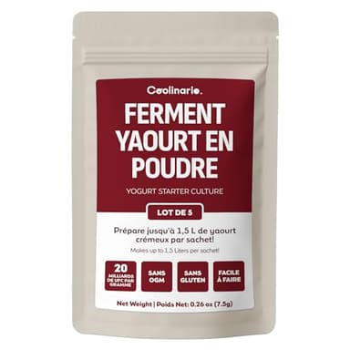 Coolinario Ferment Lactique Yaourt (5 Sachets de 1.5g) Cultures Vivantes pour Yaourt Maison | Crémeux, Épais & Savoureux | Sans OGM, Sans Conservateurs, Sans Gluten