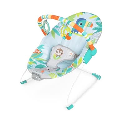Bright Starts Transat Bébé Vibrations Apaisantes, Barre de Jouets Amovible, Pieds Antidérapants, 0-6 Mois Jusqu'à 9 kg (Rainforest Vibes)