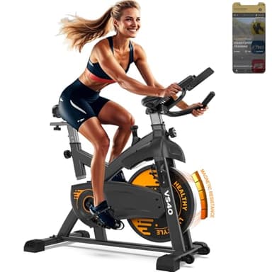 VOWVIT Vélo d'appartement avec résistance magnétique : ergomètre silencieux avec écran LCD et Bluetooth intelligent - Vélo de fitness d'intérieur avec siège réglable