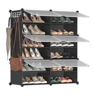SONGMICS Étagère à Chaussures 6 Compartiments, Étagère de Rangement Modulable, Compartiment de 30 x 40 x 30 cm, avec Porte, Cadre en Acier, Panneaux en Plastique, Noir LPC033B01