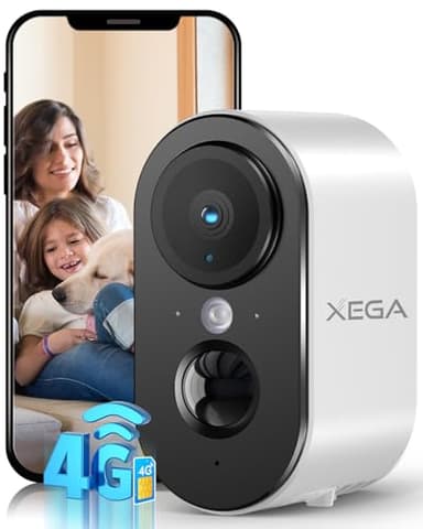 Xega 3G/4G LTE caméra de sécurité Intérieur avec Carte SIM, 2K Super HD Caméra IP Portable, Batterie 6000mAh, Détection de Mouvement PIR, Vision Nocturne Couleur, Audio 2 Voies, TF/Cloud, IP65