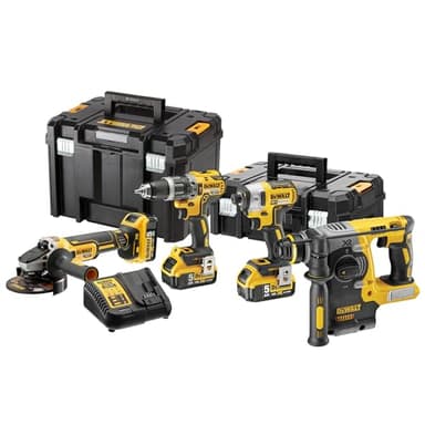 DEWALT Kit 4 outils Perceuse Visseuse à percussion + Visseuse à chocs + Meuleuse + Perforateur XR 18V Brushless + 3 batteries 5Ah + 1 chargeur + 2 coffrets TSTAK, DCK422P3T-QW