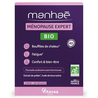 Vitavea Santé - Manhaé - Ménopause Expert BIO - Complément alimentaire ménopause sans hormones - Bouffées de chaleur, fatigue, bien-être - Pollen, Huile de bourrache - 60 gélules-Fabriqué en France