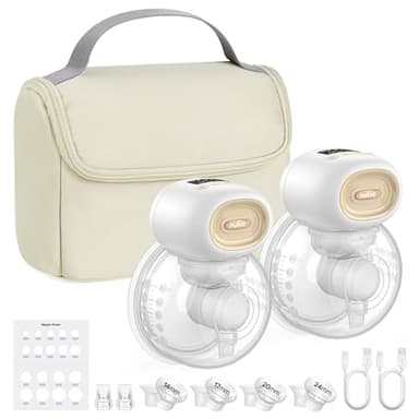Nuliie Tire Lait Electrique Main Libre avec Sac de Rangement Portable, 4 Modes et 12 Niveaux, Tire Lait Electrique Allaitement avec Bride de 14/17/20/24/27 mm (2 Paquets, Blanc)