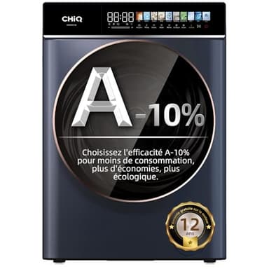 CHiQ CW106581AX Lave linge, 10 kg, classe A-10%, moteur Inverter BLDC, 1400 tr/min, 12 cycles de lavage, traitement vapeur, lavage en un seul clic, écran tactile à DEL, grand tambour, gris