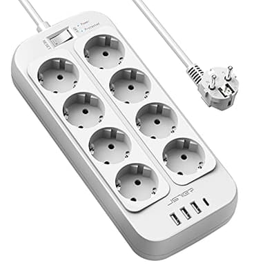 JSVER Multiprise Electrique,Bloc Multiprise 8 Prises(3680W 16A) avec 4 Ports USB Chargeur (3 USB A+1 USB C) Prise Multi Parasurtenseur Parafoudre et Surtension avec Interrupteur Cable 2m-Blanc