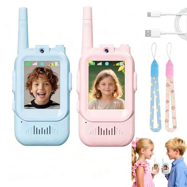 Talkie Walkie Enfants avec Vidéo & Caméra HD, Talkie-Walkie Rechargeable USB (650mAh), 4 Modes de Voix Changée, Portée 100-400m, Cadeau pour Garçons/Filles (Bleu + Rose)