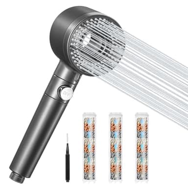 Blendura Pommeau de douche avec Filtre Economie Deau, Douchette Douche avec 5 Types de Jets, Pommeau Douche Anti Calcaire avec 3 Filtre, Gris