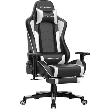 GTPLAYER Chaise Gaming Repose-Pieds Haut-Parleur Bluetooth Fauteuil Gamer Gris Siège Ergonomique (Blanc)