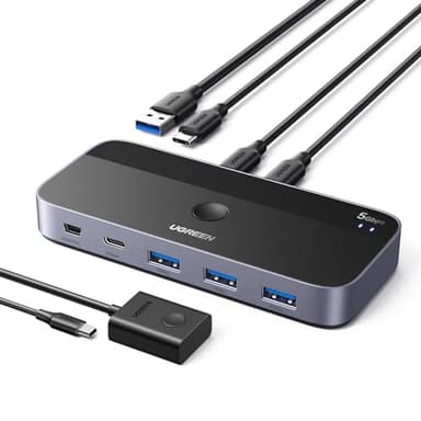 UGREEN Switch USB C 5Gbps avec 4 Ports Commutateur KVM pour 2 PC Entrées 4 Sorties Plug Play pour Clavier Souris Disque Dur Clé USB Imprimante avec Contrôleur du Bureau et 2 Câbles Inclus