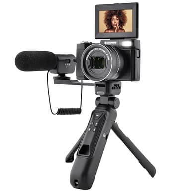 AgfaPhoto Kit Vlogging Tout-en-Un - Caméra VLG-4K Optical, Zoom Optique 5X, Trépied Powerbank, Télécommande, Microphone, Carte Micro-SD 32Go Inclus, Photo 24MP, Écran LCD 3'', Batterie Lithium - Noir