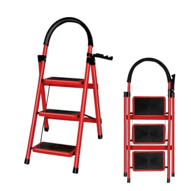 XUANYU Marchepied Pliable Acier, avec Pieds et Marches Antidérapants, Escabeau avec Verrouillage de Sécurité, Marchepied Robuste Charge Jusqu'à 150 kg (Rouge, 3 marches)