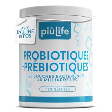 Probiotique Flore Intestinale Avec Prebiotiques 120 Gélules PiùLife, 40 Milliards UFC Dose, 20 Souches, Microbiote Intestinal, Bifidobacterium Et Lactobacillus, Ballonements Intestinaux Et Gaz, Colon
