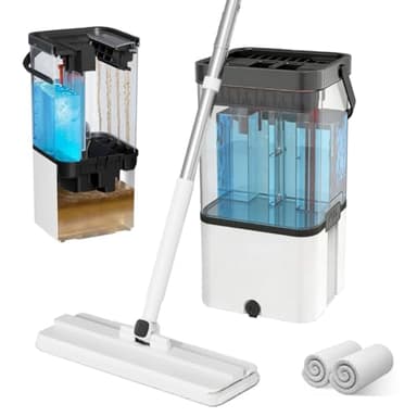 Ensemble balai plat et seau avec eau propre et sale séparée, 2 tampons réutilisables en microfibre, facile à démonter et à assembler, pour le nettoyage des sols stratifiés et carrelages