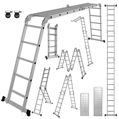 Ikodm Échelle Multifonction en Aluminium 4 x 5 marches 5,82 m 7 en 1 jusqu'à 150 kg avec 2 roulettes de Transport et 2 Plateformes